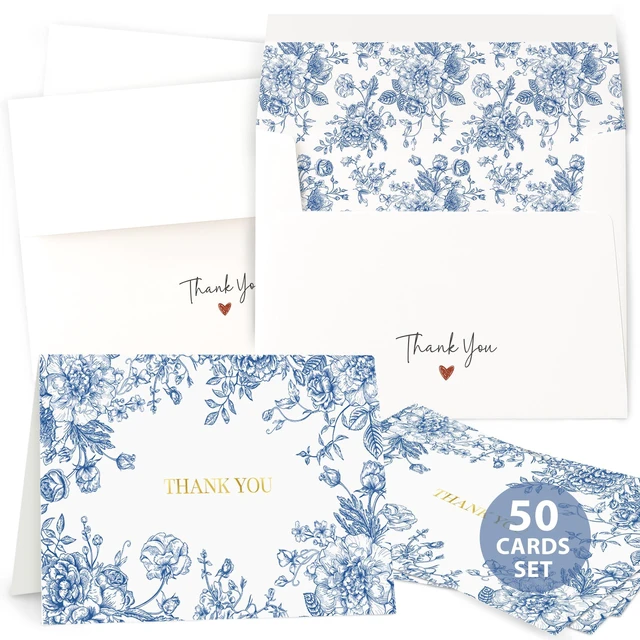 Alt view image 2 of 6 - Thank You Cards with Envelopes, Gold Foil Blue Floral 50 Pack 4x6 Greeting Notes with Matching Adhesive Envelopes - Perfect for Wedding, Bridal & Baby Showers, All Occasion