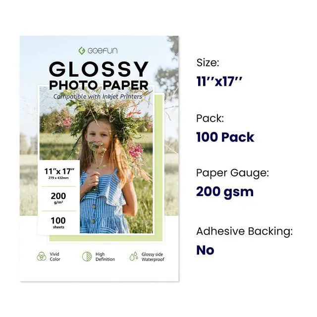 Alt view image 2 of 7 - 11x17 Photo Paper Glossy, 54 LB Photo Printer Paper 100 Sheets 200 GSM Picture Paper for Inkjet Printer and Dye Ink