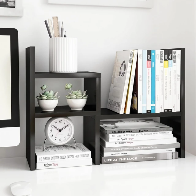 Main image of Adjustable Rotatable Wood Desktop Display Shelf Black Wooden Desk Organizer, Cute Dorm & Cubicle Decor. Stores Makeup & Mini Plants, Space-Saving Storage for Small College Rooms