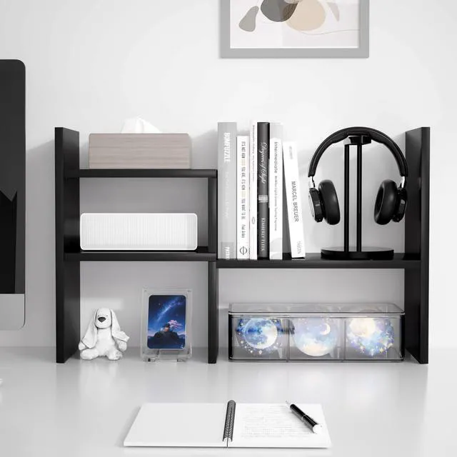 Alt view image 3 of 7 - Adjustable Rotatable Wood Desktop Display Shelf Black Wooden Desk Organizer, Cute Dorm & Cubicle Decor. Stores Makeup & Mini Plants, Space-Saving Storage for Small College Rooms
