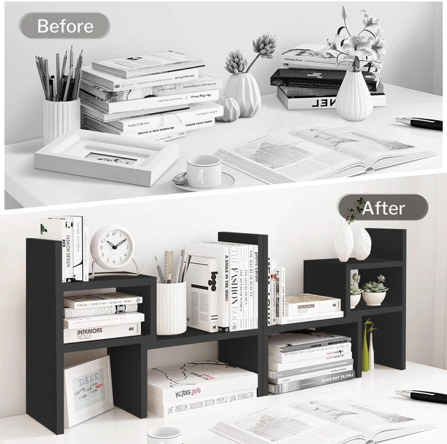 Alt view image 5 of 7 - Adjustable Rotatable Wood Desktop Display Shelf Black Wooden Desk Organizer, Cute Dorm & Cubicle Decor. Stores Makeup & Mini Plants, Space-Saving Storage for Small College Rooms