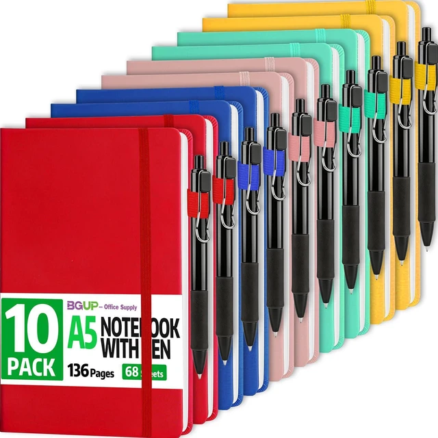 Main image of 10 Pack Lined Journal Notebook with Pen, A5 Hardcover Leather Journal 5.5"*8.3", 5 Colors 136 Pages College Ruled Notebooks and Pen Set for Office School Business Supplies