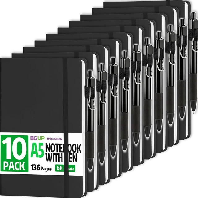 Main image of 10 Pack Lined Journal Notebook with Pen, A5 Hardcover Leather Journal 5.5"*8.3", Black 136 Pages College Ruled Notebooks and Pen Set for Office School Business Supplies