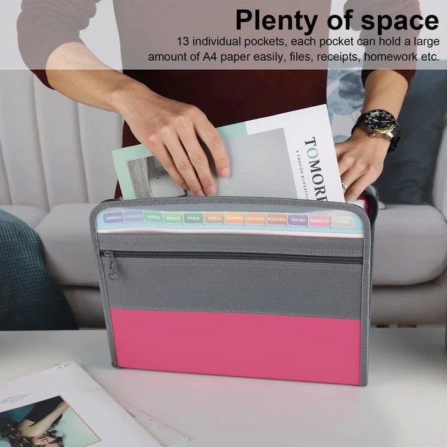 Alt view image 2 of 7 - Expanding File Folders, 2Pack 13 Pockets Document Organizer with Zipper, A4 Letter Size Portable Accordion Expanding File Folders with Multicolor Labels for Office School Supplies (Black+Pink)