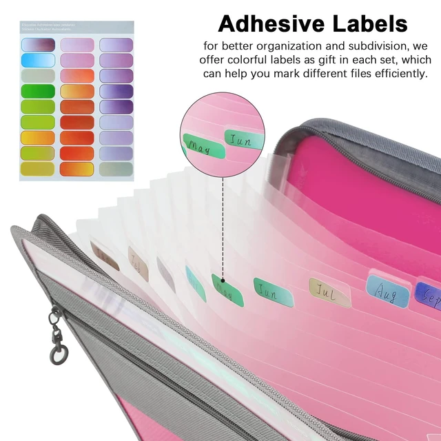 Alt view image 5 of 7 - Expanding File Folders, 2Pack 13 Pockets Document Organizer with Zipper, A4 Letter Size Portable Accordion Expanding File Folders with Multicolor Labels for Office School Supplies (Black+Pink)
