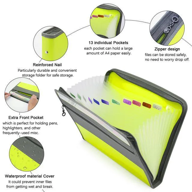 Alt view image 3 of 7 - Expanding File Folders, 2Pack 13 Pockets Document Organizer with Zipper, A4 Letter Size Portable Accordion Expanding File Folders with Multicolor Labels for Office School Supplies (Black+Green)