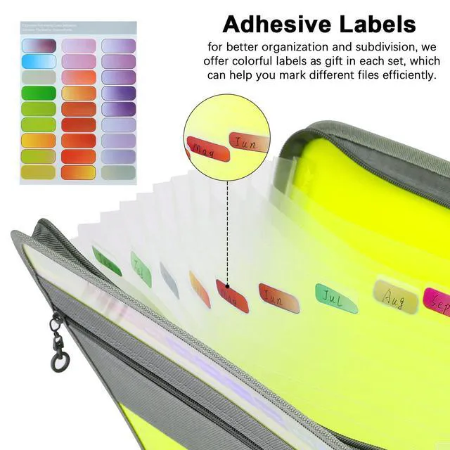 Alt view image 5 of 7 - Expanding File Folders, 2Pack 13 Pockets Document Organizer with Zipper, A4 Letter Size Portable Accordion Expanding File Folders with Multicolor Labels for Office School Supplies (Black+Green)