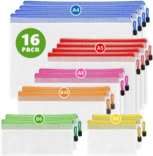 Main image of 16 Pack Assorted Sizes Plastic Mesh Zipper Pouches for Storage & Organize Board Games - Puzzles - Documents - Bills - School and Office Supplies - Travel - Makeup - Multisize Mesh Zipper Pouch