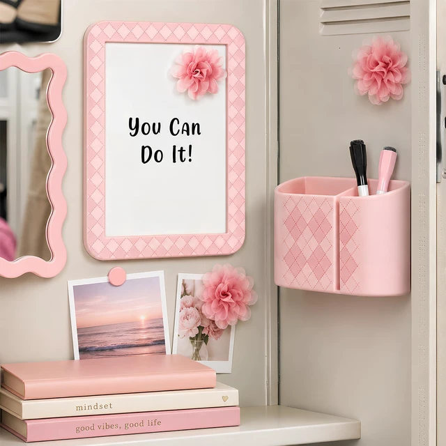 Alt view image 3 of 7 - 8 PCS Pink Locker Accessories Kit for Girls with Magnetic Mirror Whiteboard Pen Holder Flower Magnets Cute Aesthetic Locker Decoration Set for School Dorm Office Organization