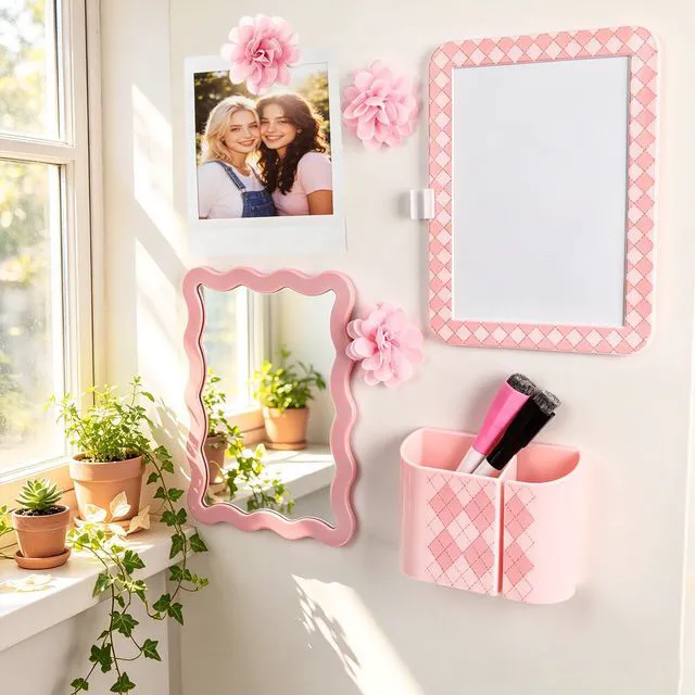 Alt view image 6 of 7 - 8 PCS Pink Locker Accessories Kit for Girls with Magnetic Mirror Whiteboard Pen Holder Flower Magnets Cute Aesthetic Locker Decoration Set for School Dorm Office Organization