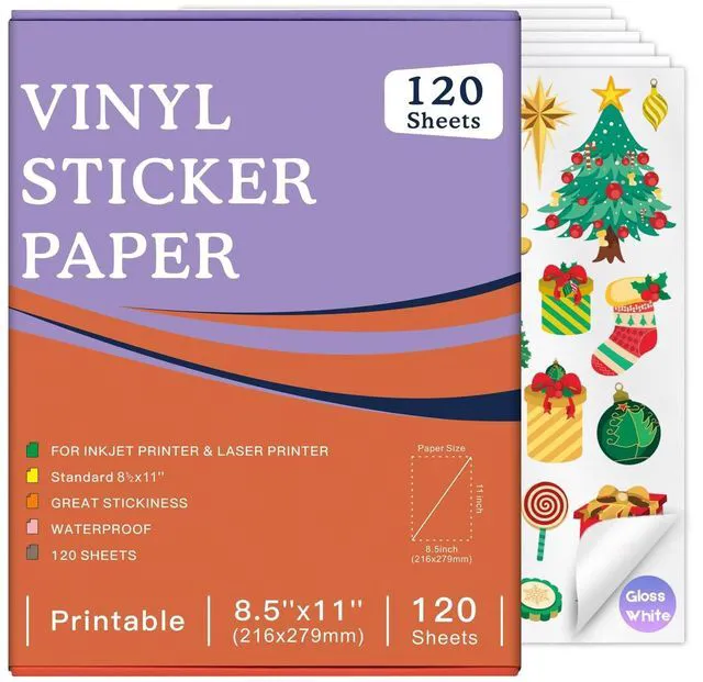 Main image of Printable Vinyl Sticker Paper for Inkjet Printers, Glossy White 8.5X11 Inches 120 Sheets, Quick-Drying, Vivid Colors, Water-Resistant Vinyl, Designed for Cricut and Silhouette Cutters & DIY