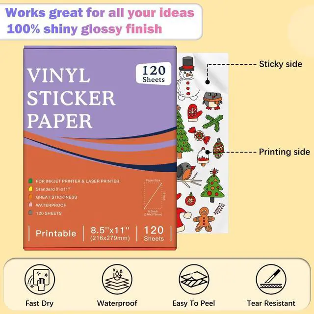 Alt view image 3 of 7 - Printable Vinyl Sticker Paper for Inkjet Printers, Glossy White 8.5X11 Inches 120 Sheets, Quick-Drying, Vivid Colors, Water-Resistant Vinyl, Designed for Cricut and Silhouette Cutters & DIY