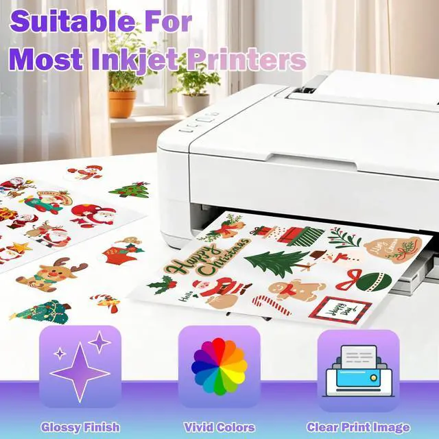Alt view image 5 of 7 - Printable Vinyl Sticker Paper for Inkjet Printers, Glossy White 8.5X11 Inches 120 Sheets, Quick-Drying, Vivid Colors, Water-Resistant Vinyl, Designed for Cricut and Silhouette Cutters & DIY