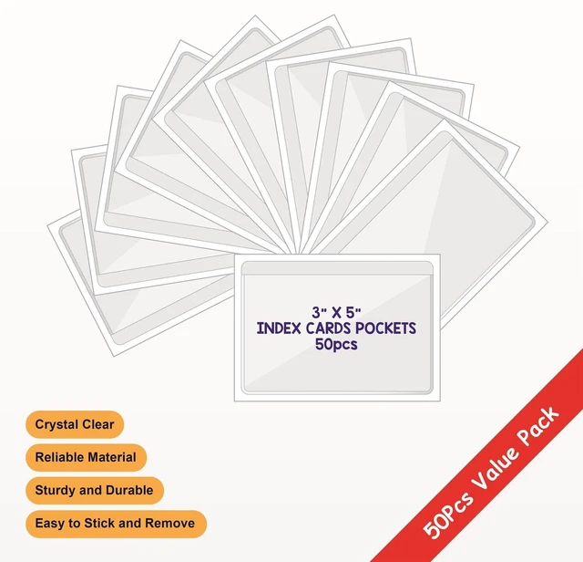 Alt view image 2 of 6 - Clear Adhesive 3" x 5" Index Card Pockets, Labels Holders, 50 Pack Top Open for Loading, Plastic Labels Holders, For Storage Bins and Library Card, Organizing and Protecting Cards, Photos