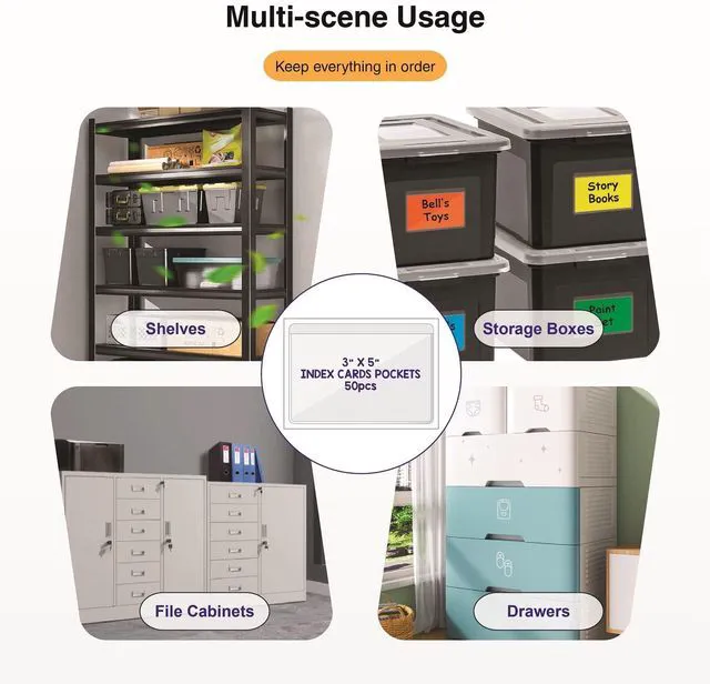 Alt view image 4 of 6 - Clear Adhesive 3" x 5" Index Card Pockets, Labels Holders, 50 Pack Top Open for Loading, Plastic Labels Holders, For Storage Bins and Library Card, Organizing and Protecting Cards, Photos