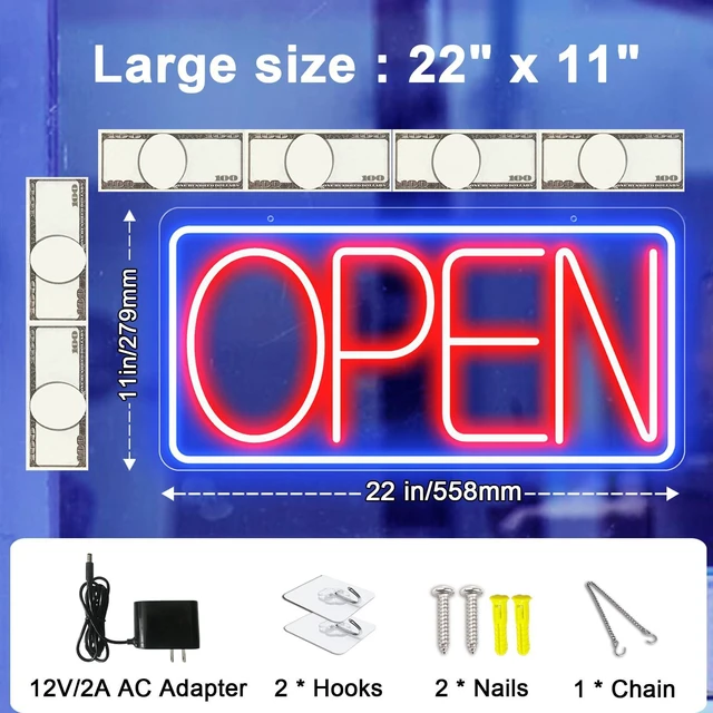 Alt view image 3 of 7 - 22" X 11" Led Neon Open Signs for Business 12V/2A Ultra Bright Led Neon Open Signs Plug In Electric Light Up Open Sign with ON/OFF Switch for Bar Salon Coffee Stores Club Hotel (Horizontal)