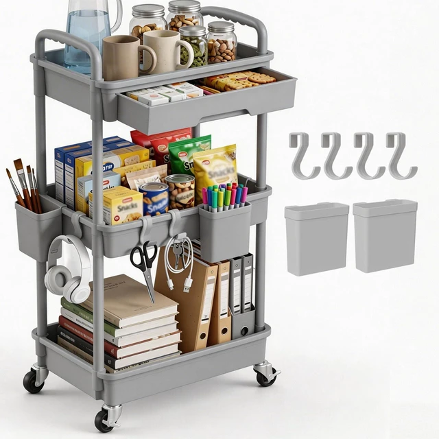 Main image of 3 Tier Rolling Utility Cart with Drawer, Plastic Storage Organizer Rolling Carts with Wheels Handles Hanging Cups Hooks for Office, Bathroom, Kitchen,Craft Art Room (Grey)