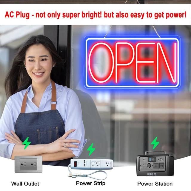 Alt view image 6 of 7 - 22" X 11" Led Neon Open Signs for Business 12V/2A Ultra Bright Led Neon Open Signs Plug In Electric Light Up Open Sign with ON/OFF Switch for Bar Salon Coffee Stores Club Hotel (Horizontal)