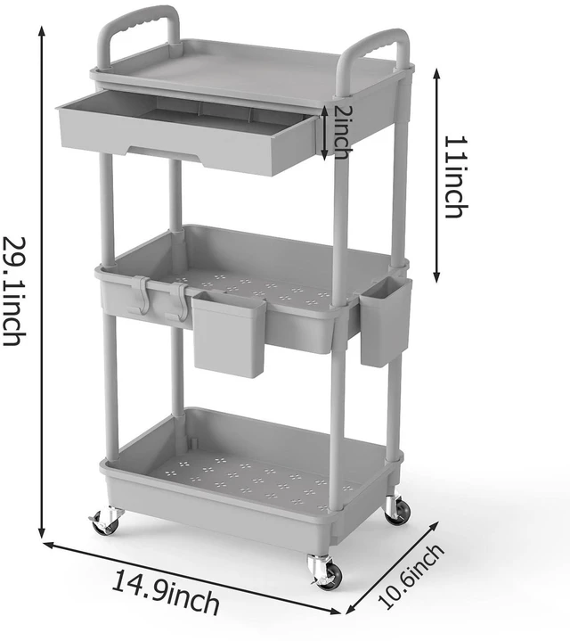 Alt view image 2 of 7 - 3 Tier Rolling Utility Cart with Drawer, Plastic Storage Organizer Rolling Carts with Wheels Handles Hanging Cups Hooks for Office, Bathroom, Kitchen,Craft Art Room (Grey)