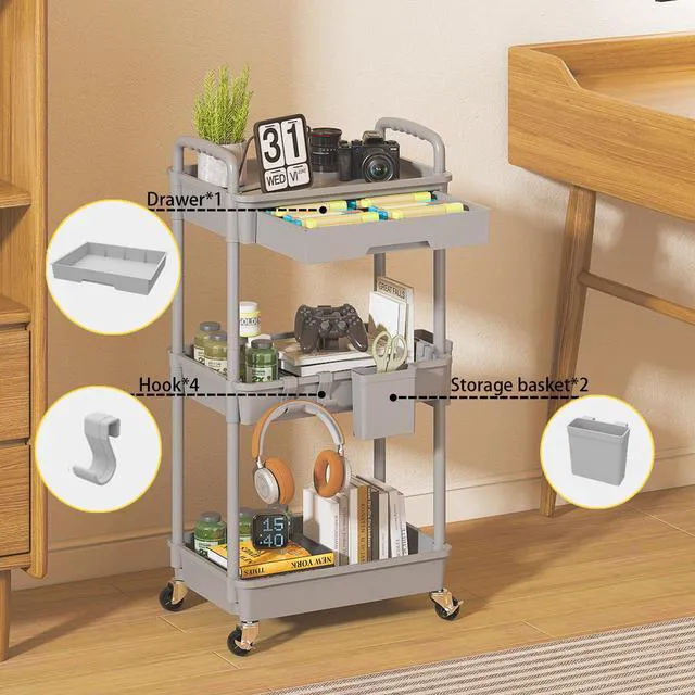 Alt view image 3 of 7 - 3 Tier Rolling Utility Cart with Drawer, Plastic Storage Organizer Rolling Carts with Wheels Handles Hanging Cups Hooks for Office, Bathroom, Kitchen,Craft Art Room (Grey)