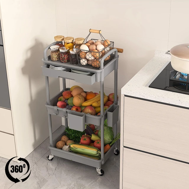 Alt view image 4 of 7 - 3 Tier Rolling Utility Cart with Drawer, Plastic Storage Organizer Rolling Carts with Wheels Handles Hanging Cups Hooks for Office, Bathroom, Kitchen,Craft Art Room (Grey)