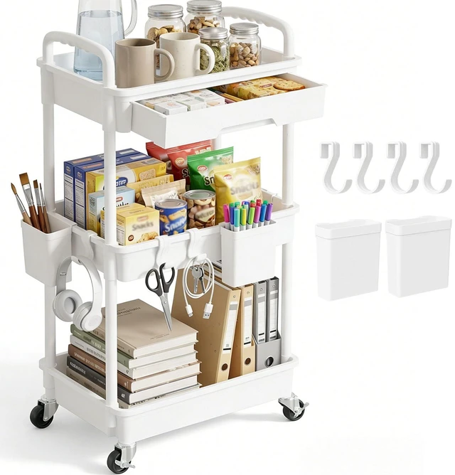 Main image of 3 Tier Rolling Utility Cart with Drawer, Plastic Storage Organizer Rolling Carts with Wheels Handles Hanging Cups Hooks for Office, Bathroom, Kitchen,Craft Art Room (White)