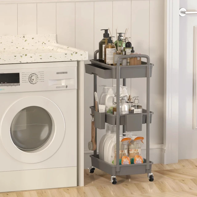 Alt view image 6 of 7 - 3 Tier Rolling Utility Cart with Drawer, Plastic Storage Organizer Rolling Carts with Wheels Handles Hanging Cups Hooks for Office, Bathroom, Kitchen,Craft Art Room (Grey)