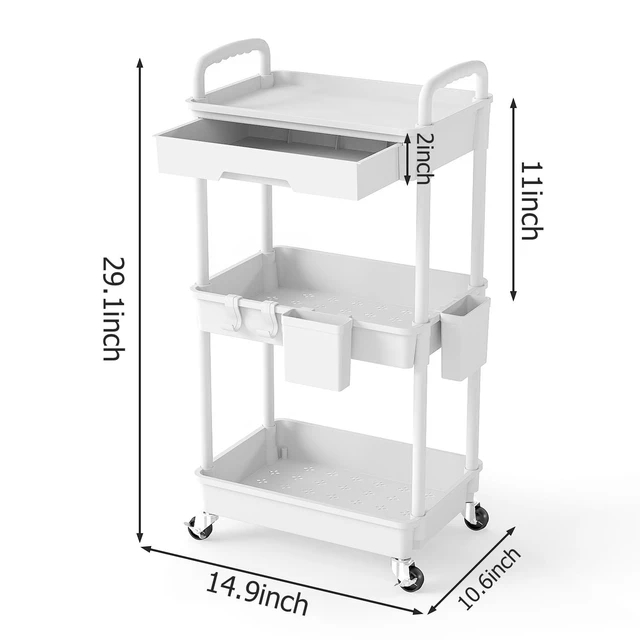 Alt view image 2 of 7 - 3 Tier Rolling Utility Cart with Drawer, Plastic Storage Organizer Rolling Carts with Wheels Handles Hanging Cups Hooks for Office, Bathroom, Kitchen,Craft Art Room (White)