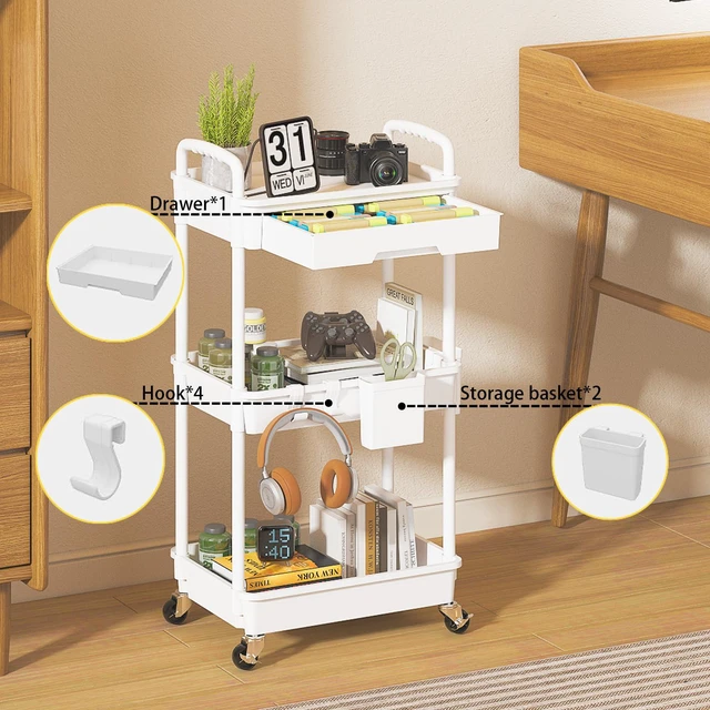 Alt view image 3 of 7 - 3 Tier Rolling Utility Cart with Drawer, Plastic Storage Organizer Rolling Carts with Wheels Handles Hanging Cups Hooks for Office, Bathroom, Kitchen,Craft Art Room (White)