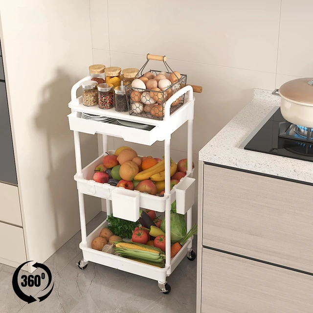 Alt view image 4 of 7 - 3 Tier Rolling Utility Cart with Drawer, Plastic Storage Organizer Rolling Carts with Wheels Handles Hanging Cups Hooks for Office, Bathroom, Kitchen,Craft Art Room (White)