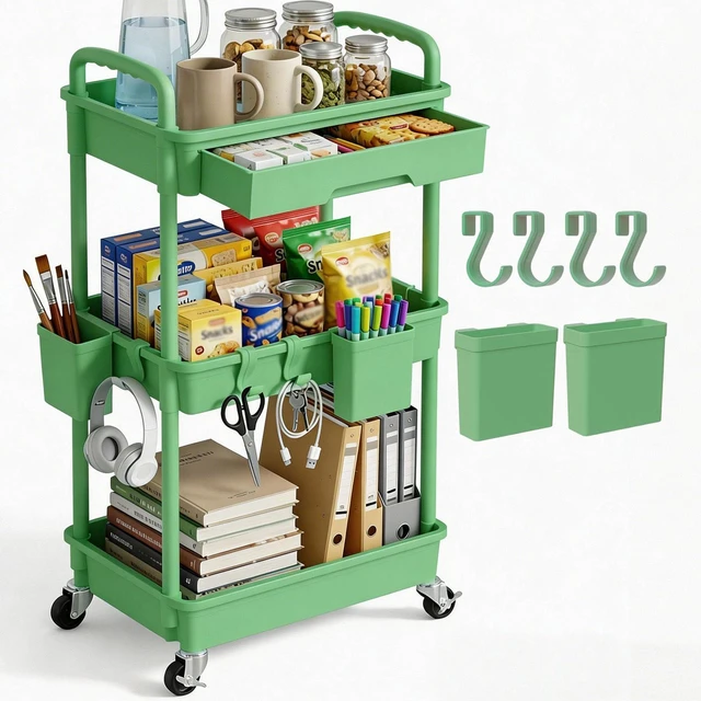 Main image of 3 Tier Rolling Utility Cart with Drawer, Plastic Storage Organizer Rolling Carts with Wheels Handles Hanging Cups Hooks for Office, Bathroom, Kitchen,Craft Art Room (Green)