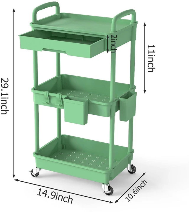 Alt view image 2 of 7 - 3 Tier Rolling Utility Cart with Drawer, Plastic Storage Organizer Rolling Carts with Wheels Handles Hanging Cups Hooks for Office, Bathroom, Kitchen,Craft Art Room (Green)