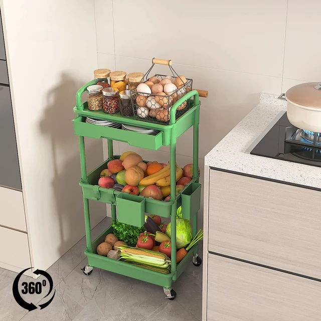 Alt view image 4 of 7 - 3 Tier Rolling Utility Cart with Drawer, Plastic Storage Organizer Rolling Carts with Wheels Handles Hanging Cups Hooks for Office, Bathroom, Kitchen,Craft Art Room (Green)
