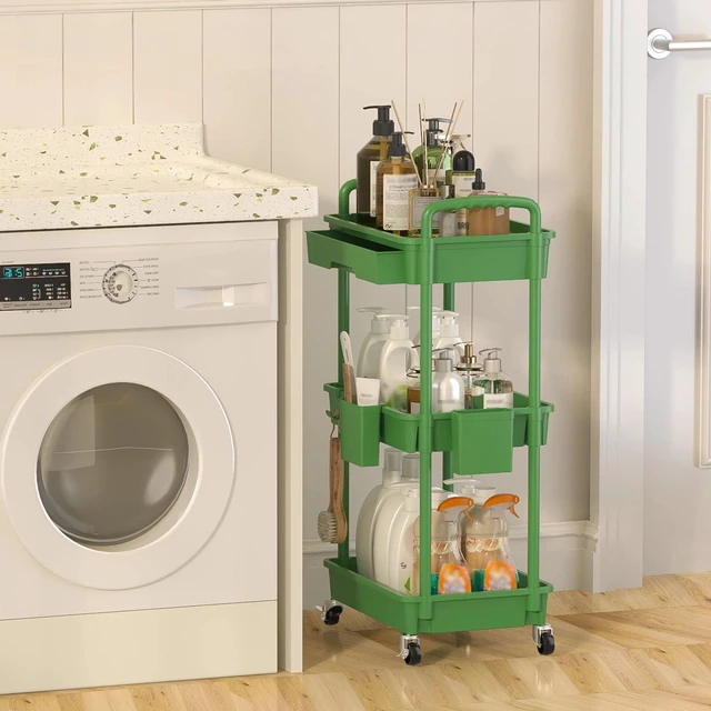 Alt view image 6 of 7 - 3 Tier Rolling Utility Cart with Drawer, Plastic Storage Organizer Rolling Carts with Wheels Handles Hanging Cups Hooks for Office, Bathroom, Kitchen,Craft Art Room (Green)
