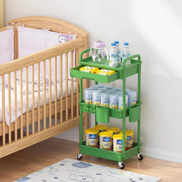 Alt view image 7 of 7 - 3 Tier Rolling Utility Cart with Drawer, Plastic Storage Organizer Rolling Carts with Wheels Handles Hanging Cups Hooks for Office, Bathroom, Kitchen,Craft Art Room (Green)