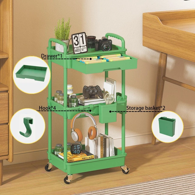 Alt view image 3 of 7 - 3 Tier Rolling Utility Cart with Drawer, Plastic Storage Organizer Rolling Carts with Wheels Handles Hanging Cups Hooks for Office, Bathroom, Kitchen,Craft Art Room (Green)