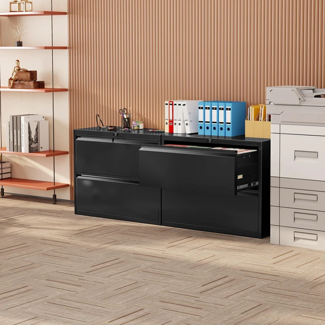 Alt view image 2 of 7 - Lateral File Cabinet 2 Drawer, Black Metal File Cabinets for Home Office, Locking File Cabinet for Letter/Legal/F4/A4 Size, Easy Assembly