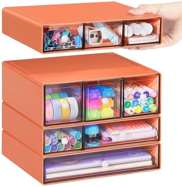 Main image of Desk Storage Organizer with 9 Drawers, 4 Tiers Stackable Desktop Craft Storage Drawers, Clear Storage Box Caddy for Stationary Makeup Jewelry Office Craft Supplies (Orange)