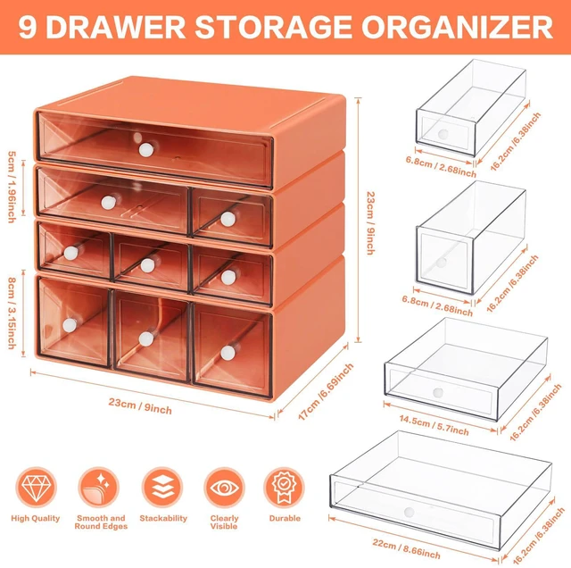 Alt view image 2 of 7 - Desk Storage Organizer with 9 Drawers, 4 Tiers Stackable Desktop Craft Storage Drawers, Clear Storage Box Caddy for Stationary Makeup Jewelry Office Craft Supplies (Orange)