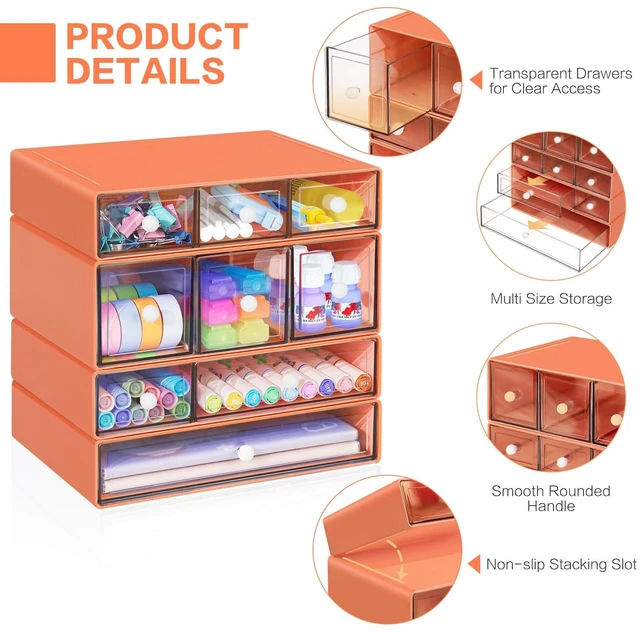 Alt view image 3 of 7 - Desk Storage Organizer with 9 Drawers, 4 Tiers Stackable Desktop Craft Storage Drawers, Clear Storage Box Caddy for Stationary Makeup Jewelry Office Craft Supplies (Orange)