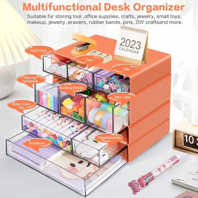 Alt view image 4 of 7 - Desk Storage Organizer with 9 Drawers, 4 Tiers Stackable Desktop Craft Storage Drawers, Clear Storage Box Caddy for Stationary Makeup Jewelry Office Craft Supplies (Orange)