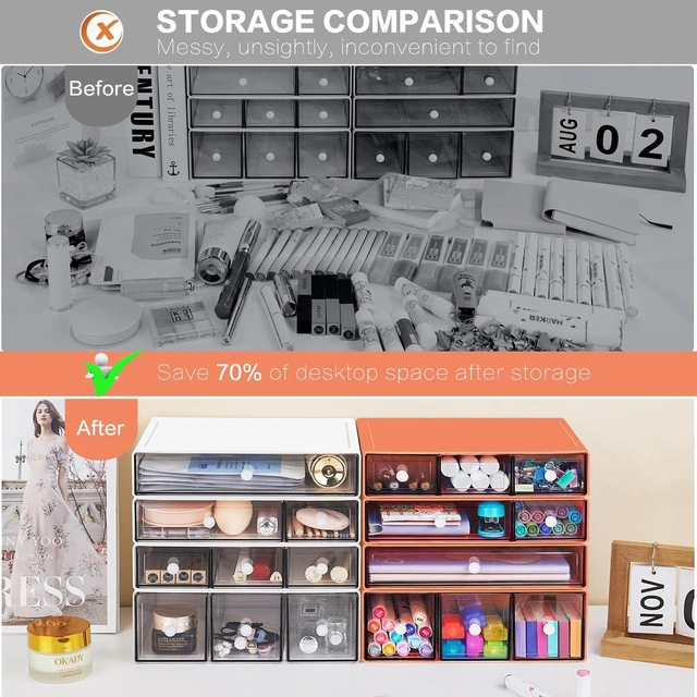 Alt view image 5 of 7 - Desk Storage Organizer with 9 Drawers, 4 Tiers Stackable Desktop Craft Storage Drawers, Clear Storage Box Caddy for Stationary Makeup Jewelry Office Craft Supplies (Orange)