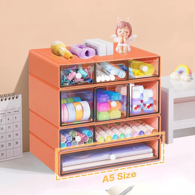 Alt view image 6 of 7 - Desk Storage Organizer with 9 Drawers, 4 Tiers Stackable Desktop Craft Storage Drawers, Clear Storage Box Caddy for Stationary Makeup Jewelry Office Craft Supplies (Orange)