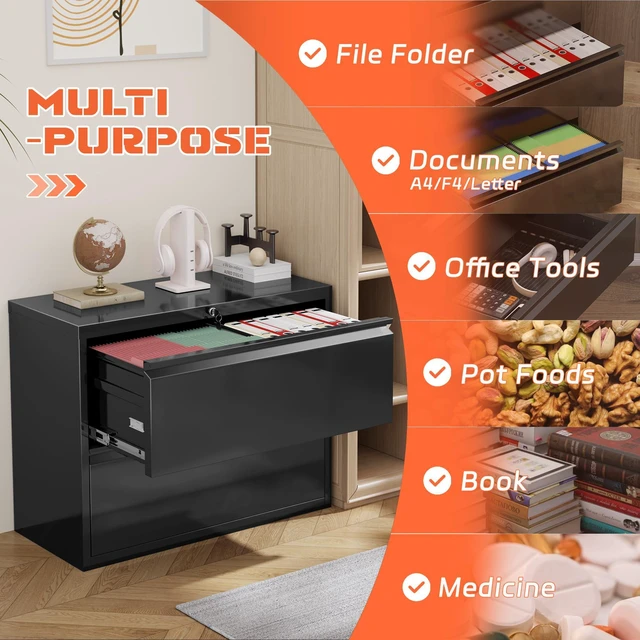 Alt view image 4 of 7 - Lateral File Cabinet 2 Drawer, Black Metal File Cabinets for Home Office, Locking File Cabinet for Letter/Legal/F4/A4 Size, Easy Assembly