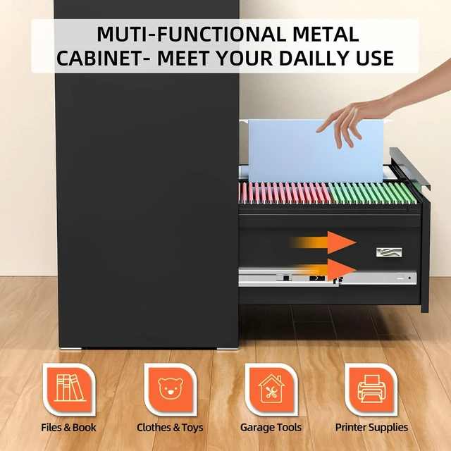 Alt view image 5 of 7 - Lateral File Cabinet 2 Drawer, Black Metal File Cabinets for Home Office, Locking File Cabinet for Letter/Legal/F4/A4 Size, Easy Assembly