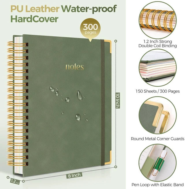 Alt view image 2 of 7 - 5 Subject Notebook with Dividers and Tabs, 8" x 10" College Ruled Notebook for Work, 300 Pages Spiral Journal for Women, Green