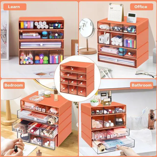 Alt view image 7 of 7 - Desk Storage Organizer with 9 Drawers, 4 Tiers Stackable Desktop Craft Storage Drawers, Clear Storage Box Caddy for Stationary Makeup Jewelry Office Craft Supplies (Orange)
