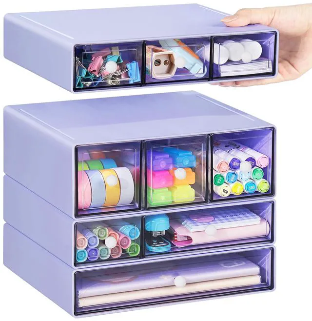 Main image of Desk Storage Organizer with 9 Drawers, 4 Tiers Stackable Desktop Craft Storage Drawers, Clear Storage Box Caddy for Stationary Makeup Jewelry Office Craft Supplies (Purple)
