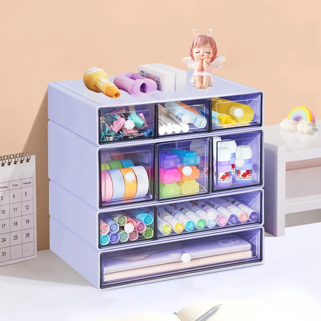 Alt view image 2 of 7 - Desk Storage Organizer with 9 Drawers, 4 Tiers Stackable Desktop Craft Storage Drawers, Clear Storage Box Caddy for Stationary Makeup Jewelry Office Craft Supplies (Purple)