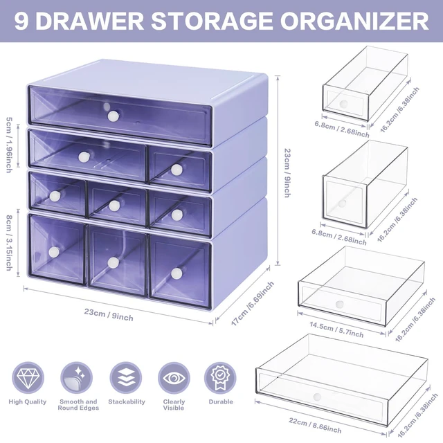 Alt view image 3 of 7 - Desk Storage Organizer with 9 Drawers, 4 Tiers Stackable Desktop Craft Storage Drawers, Clear Storage Box Caddy for Stationary Makeup Jewelry Office Craft Supplies (Purple)